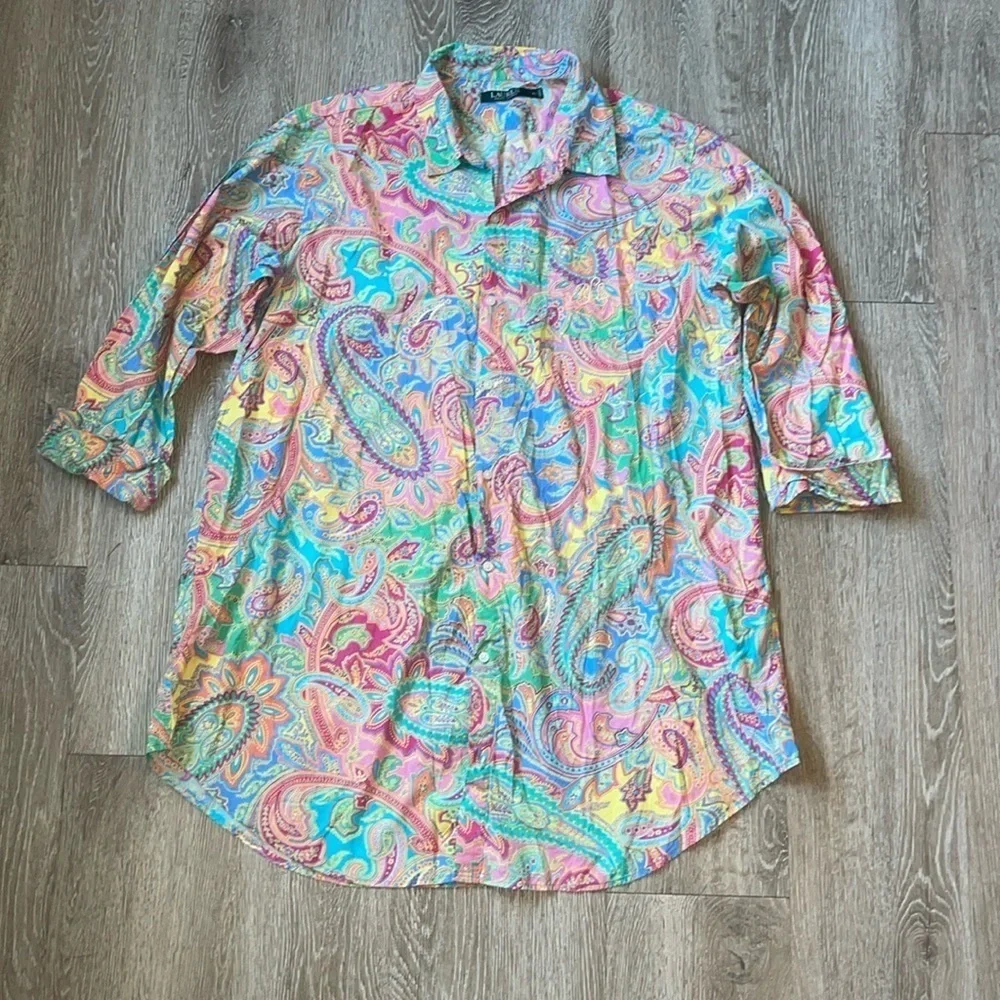 Ralph Lauren Shirt Dress Women's Pastel Multicolor Monogram Logo Button Up